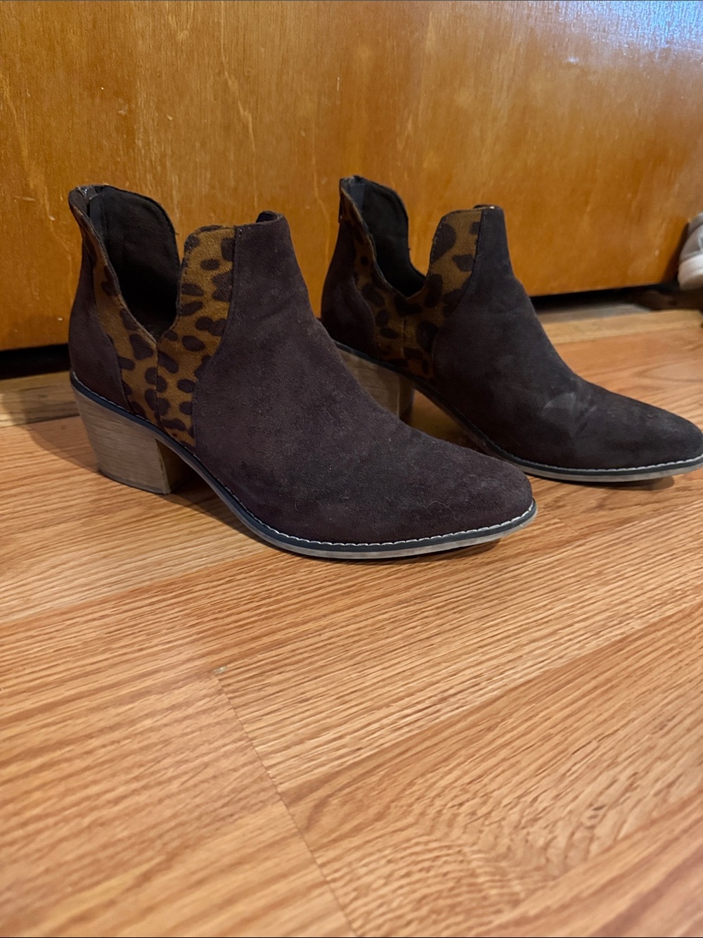 Pierre Dumas Dark Brown Suede Ankle Booties with Leopard Panel